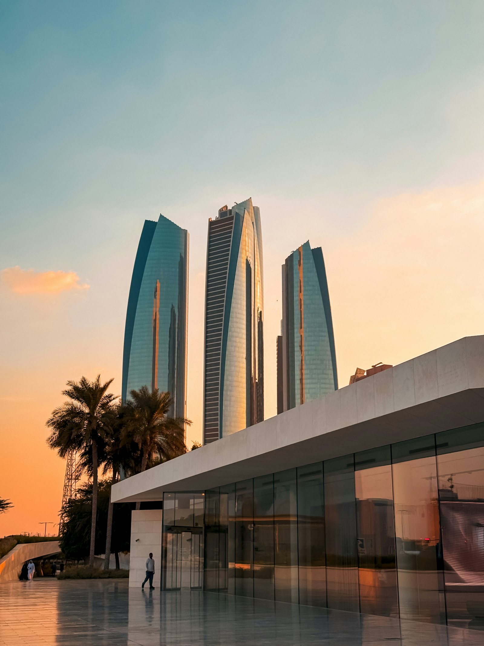 Etihad Towers, Abu Dhabi, at sunset